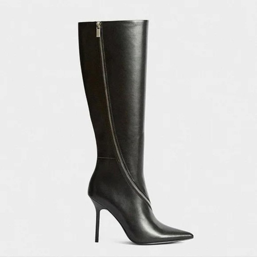 REISS Hoxton Leather Knee High Heels BOOTS US 38 7 Black Point Toe Zip NEW